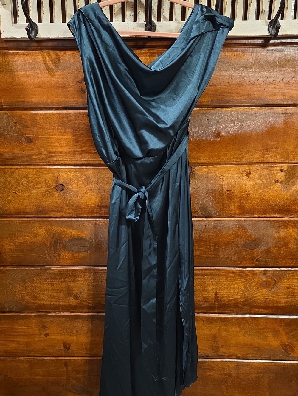 Grace Karin Deep Teal Satin Maxi Dress with Drape Neck